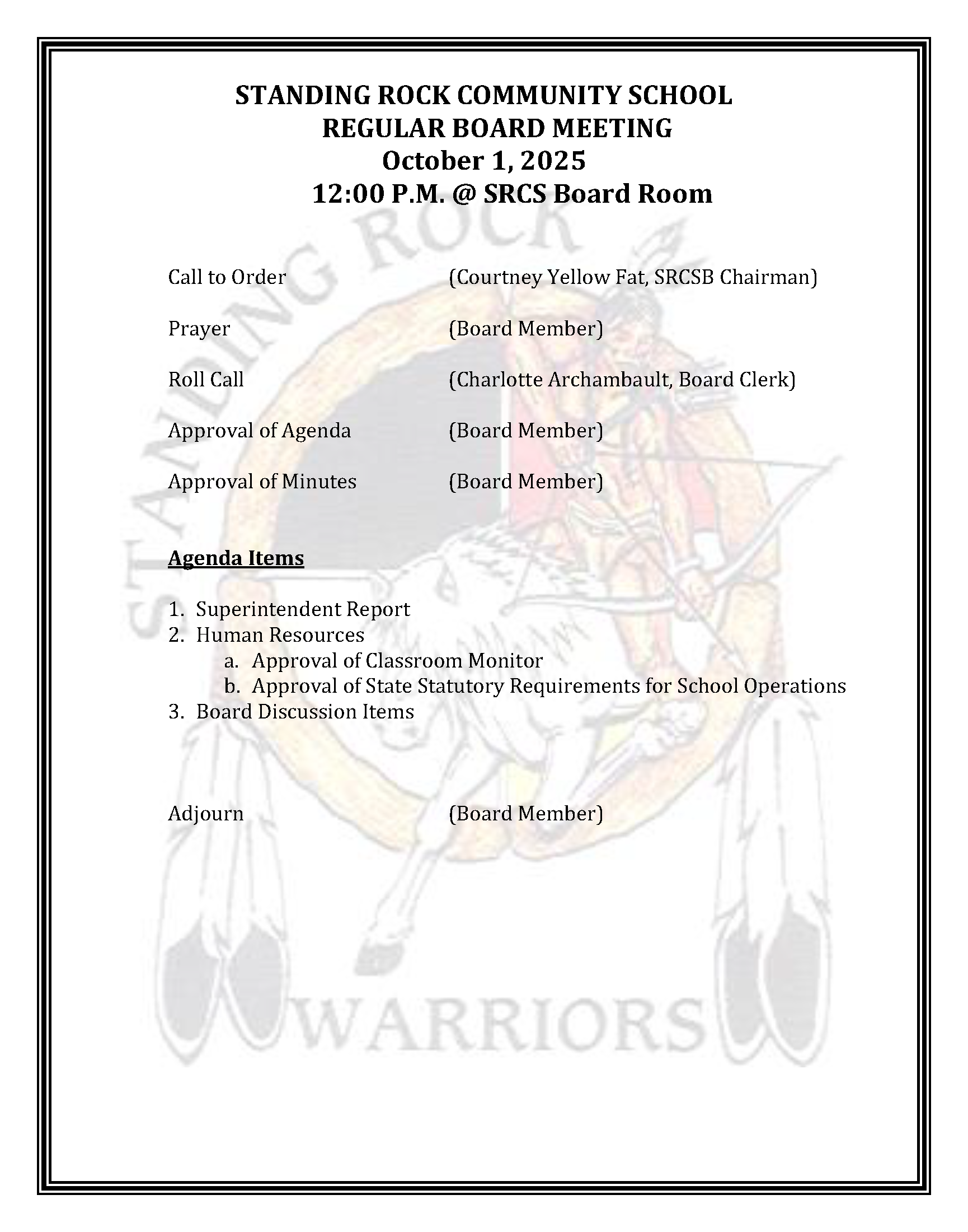 Flyer With an agenda for an October 1st school board meeting.